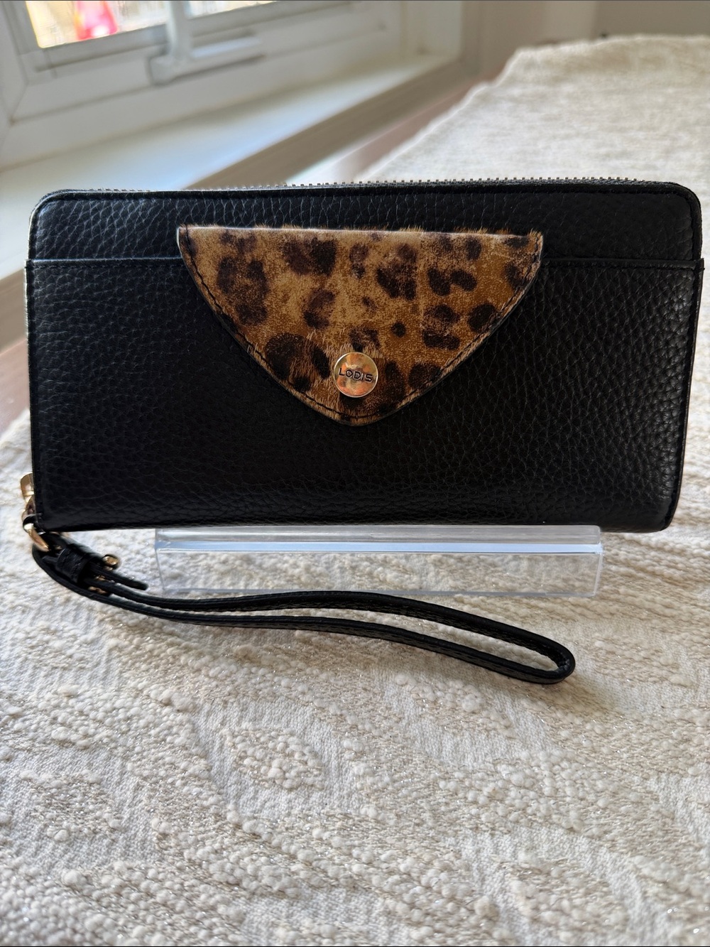 Lodis Paige Black Genuine Leather wth Calf Hair Leopard Accent Flap with Snap